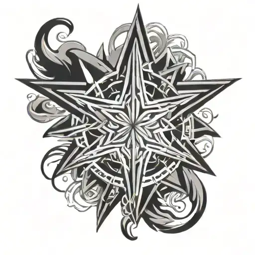 Tribal Style Chaos Star Tattoo With A Woman's Kissing Lips In The Center
