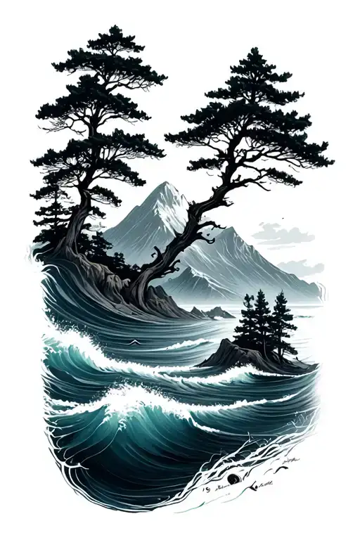 Ocean And Mountain With Tree