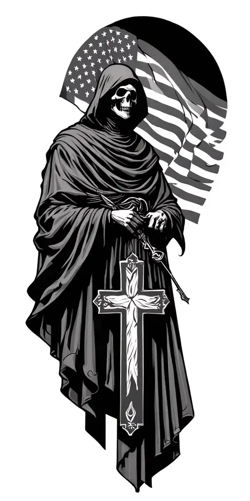 Grim Reaper And American Flag And Jerusalem Cross