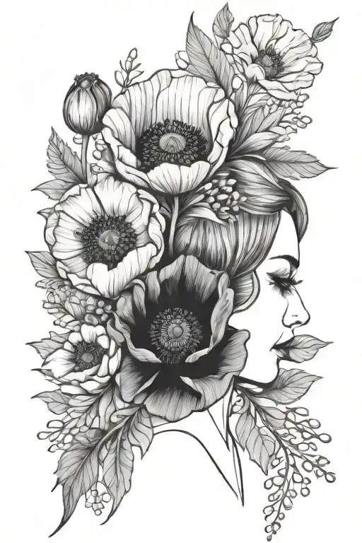 Assortment Of Flowers Including Poppy Fine Line Shoulder To Neck