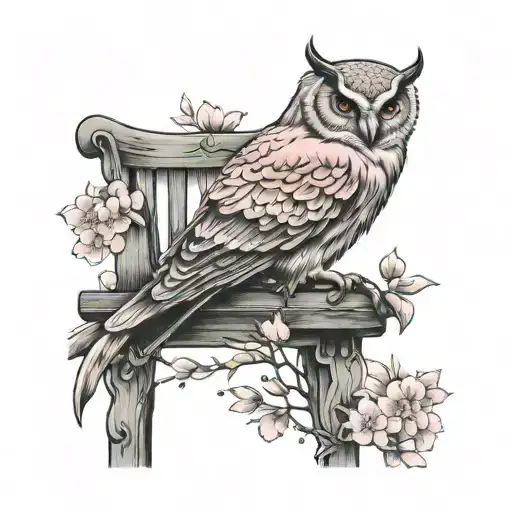 Owl On A Chair Pink Chery Blossom Tree