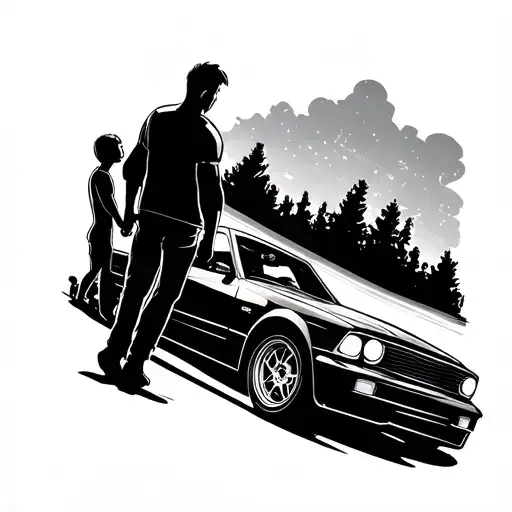 Create A Fine Line Tattoo Related To Cars At A Meet Up With A Father And Son Holding Hands