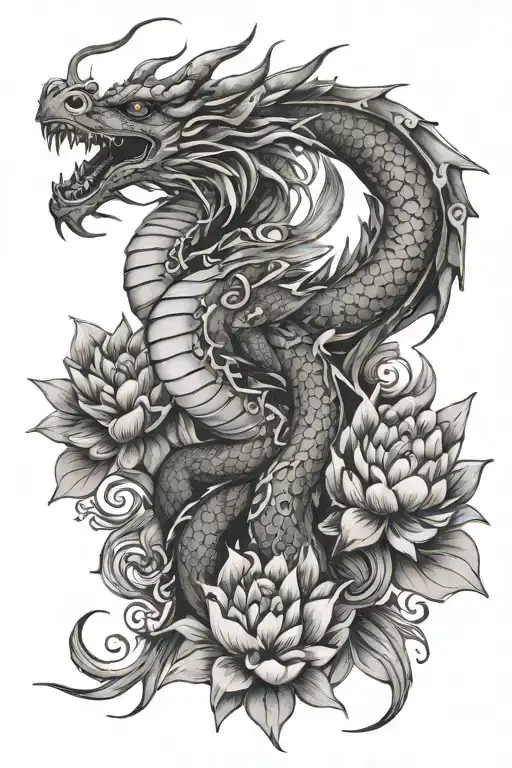 Dragon With Lotus Flowers Intertwined
