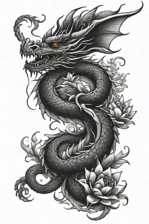Twisting Dragon Intertwined With Lotus Flowers