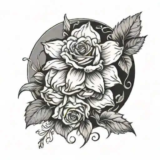 Realistic Black And White Round Narcissus And Rose Flowers
