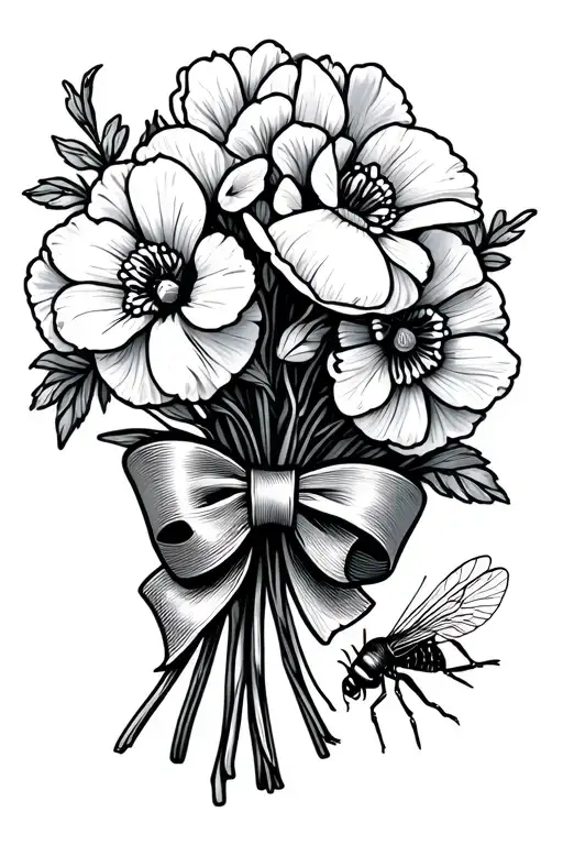 Sweet Pea Flower Bouquet With Bow On It And Cricket Next To It