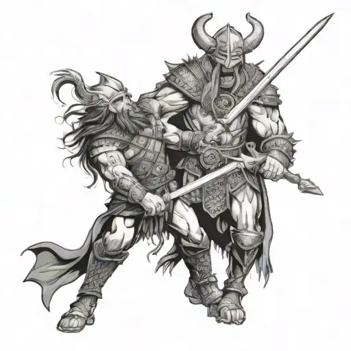A Viking Warrior Battling A Demonic Creature In A Black And Grey Style