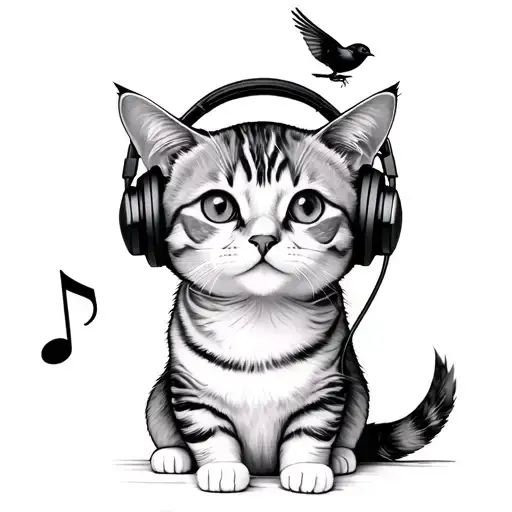 Cat Wearing Headphones With A Small Bird Flying On Top Of A Musical Note
