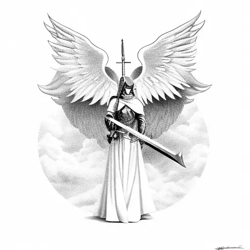 Guardian Angel With A Sword Covering Its Face With Clouds In The Background