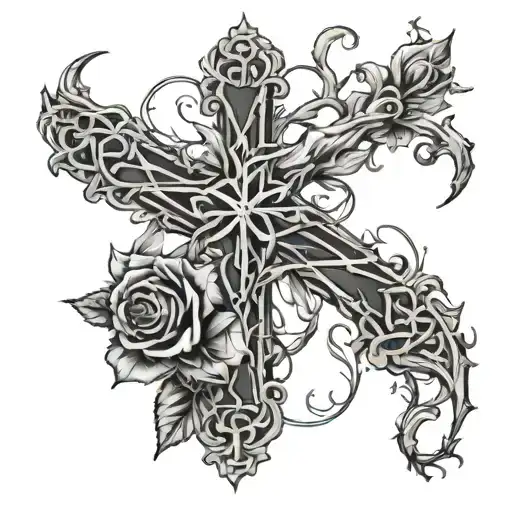 Cross With Crown Of Thorns And Roses Around It And Thorn Vines Wrapping Around