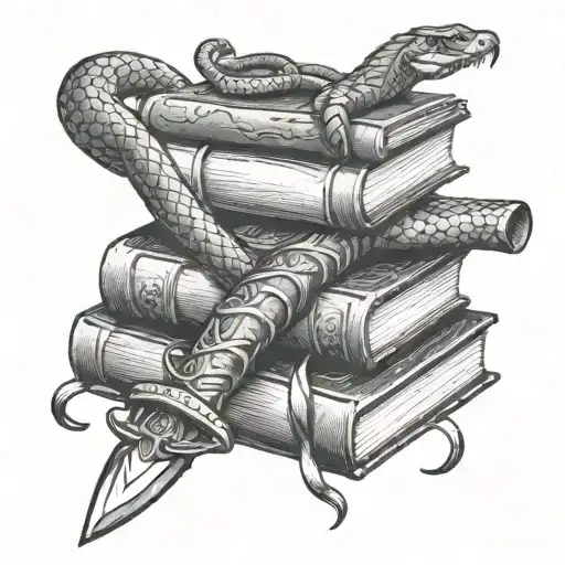 A Stack Of Books With A Sword Stabbed Through It And A Snake Around The Hilt