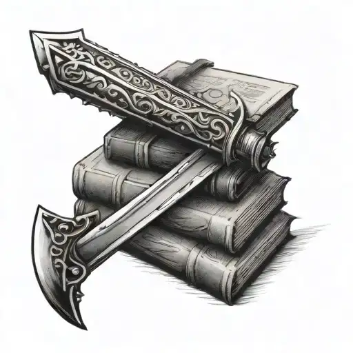 A Stack Of Books With A Sword Stabbed Through It