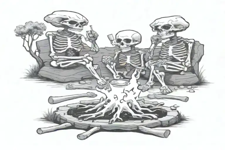 Three Skeletons Sitting On Stumps Having A Drink Around A Campfie With A Forest Background