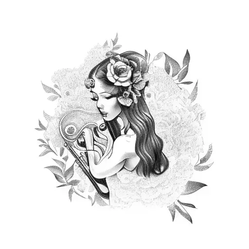 A Tattoo Design Of A Woman Playing A Musical Instrument Surrounded By Floral Elements