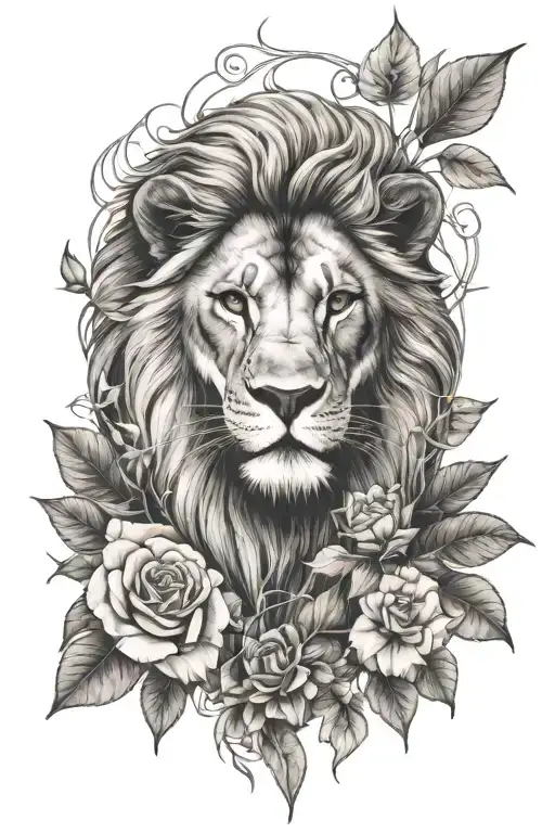 Lion Standing Rose Eucalyptus Leaves And Peach Flowers