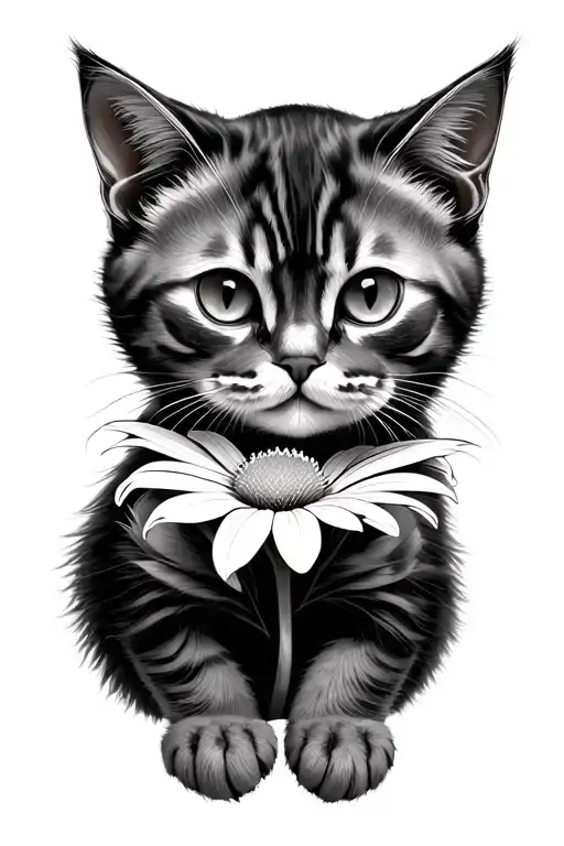 Short Haired Scottish Fold Cat With Folded Ears Holding Flower