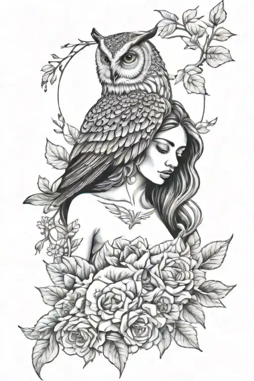 Nude Woman With Owl And Flowers