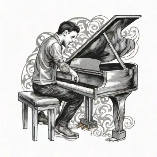 Design A Black And Grey Portrait Of A Musician With Autism Playing A Piano