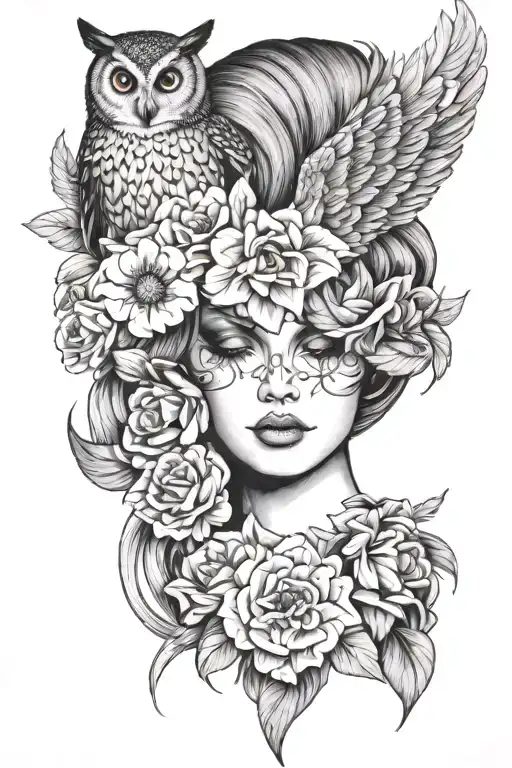 Nude Woman With Owl And Flowers In Hair Tattoo Holding Open