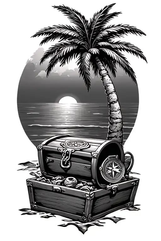 Palm Tree With Compass And Locked Treasure Chest