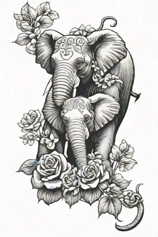 Elephant And Lion With Flowers Intertwined And Vines