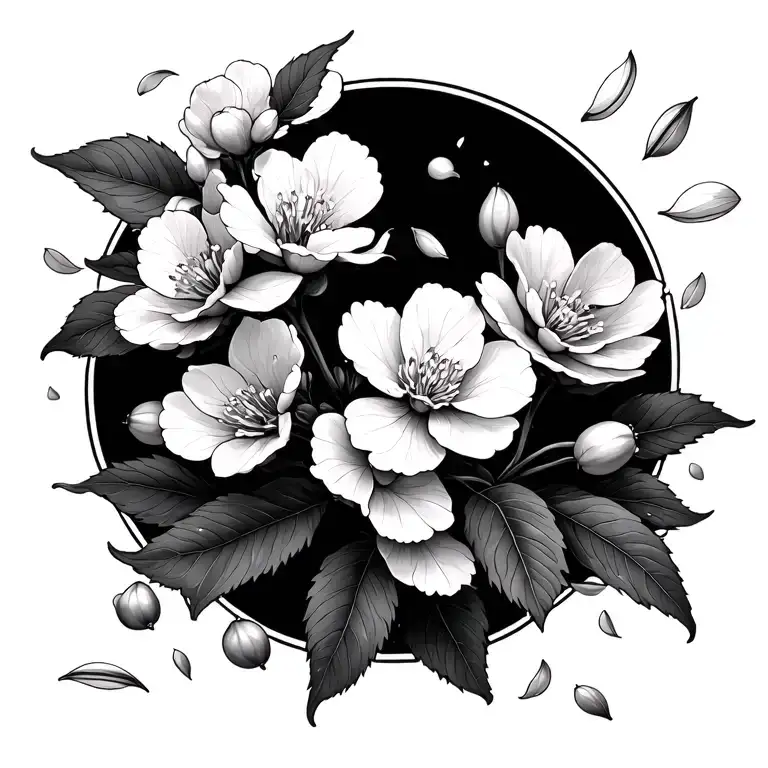 Cherry Blossoms And Petals Falling Black Outline With Shading