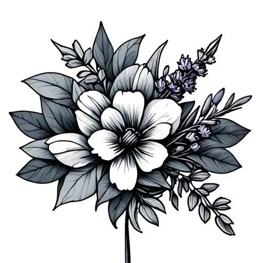 No Color Fine Line Flower Bouquet With Lavender And Eucalyptus Leaves