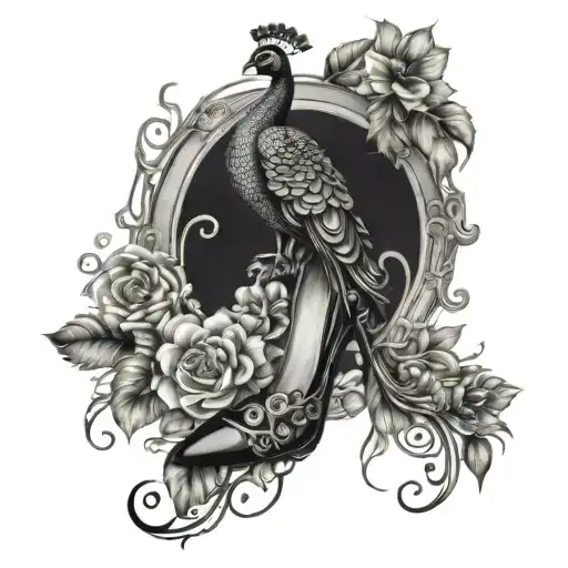 Stiletto Shoe And Peacock Linked Together By Vines