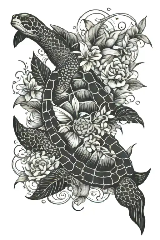 Maldivian Flower And Fishes And Turtle Swimming Gracefully