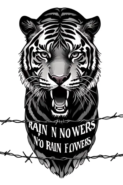 Tiger Tattoo With Barb Wire And No Rain No Flowers Quote