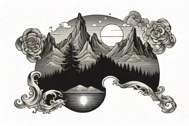 Landscape Band Type Tattoo With Moutain Stars Moon Sun And Seas