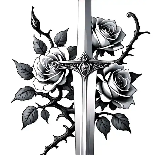 Sword With Two Roses On A Thorn Vine