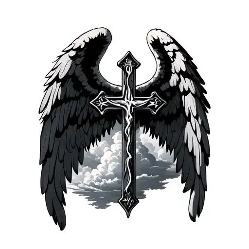 Cross With Clouds Angel With Wings Spread Wide