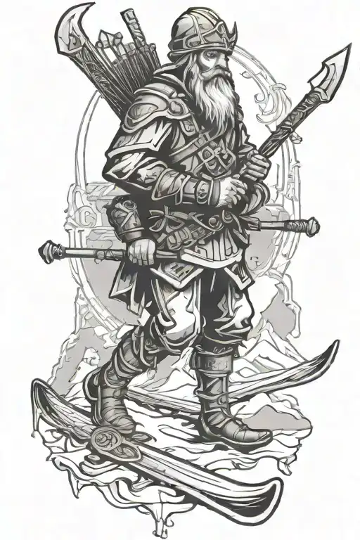 Ullr With Crossed Skis In The Background Black