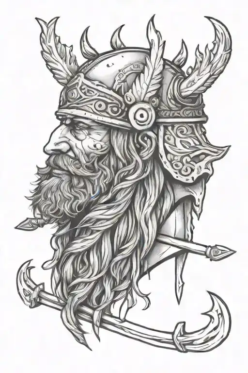 Ullr Head Sketch With Crossed Skis In The Background