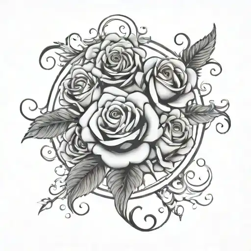 Circle Border Of 13 Roses Around A Center Flourish Design