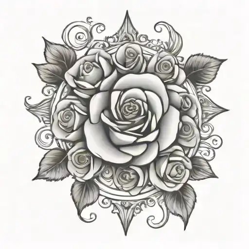 Circle Ring Of 13 Roses Around A Center Flourish Design
