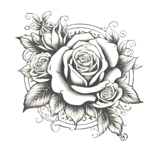 Circle Ring Of Several Roses Around A Center Flourish Design