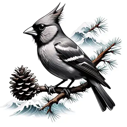 Cardinal Carrying A Pinecone With Japanese Waves In Background