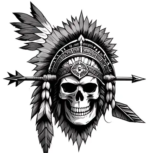 Native Warrior Skull Arrow Compass Sleeve Tattoo Design