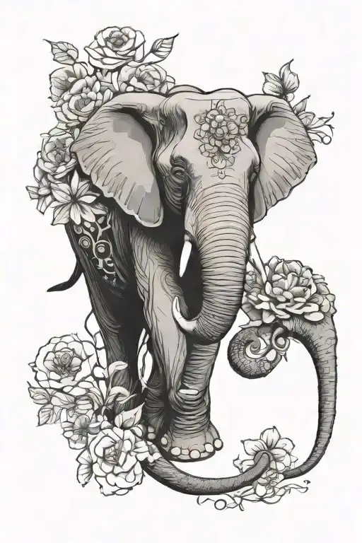 Elephant And Flowers Intertwined