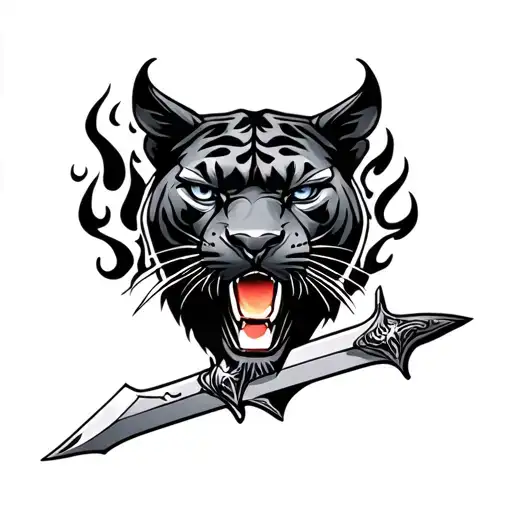 Traditional Panther With Dagger And Flames