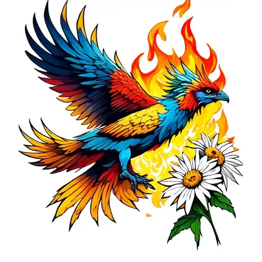 Flying Colorful Phoenix Holding An Edelweiss With Fire Behind It