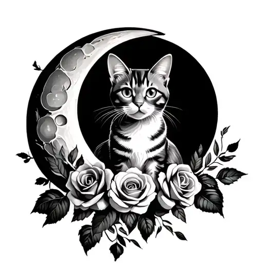 Cat On Moon With Roses Along It