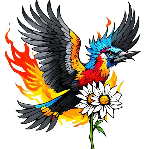 Flying Colorful Phoenix Holding An Edelweiss In Beak With Fire Behind It