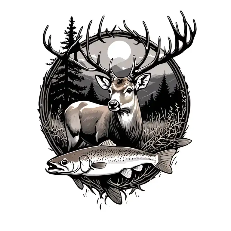 Hunting Scene With Deer And Trout