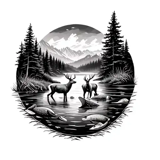 Hunting Scene With Deer And Trout Swimming Upstream