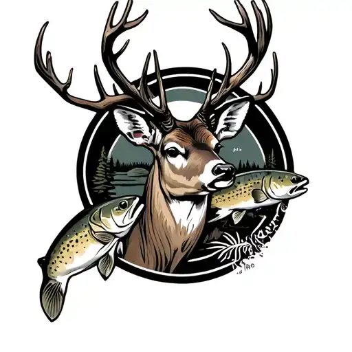 Hunting And Fishing Scene Featuring A Deer And Trout