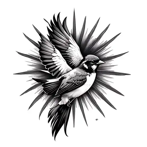 Sparrow Flying Down In Front Of Sun