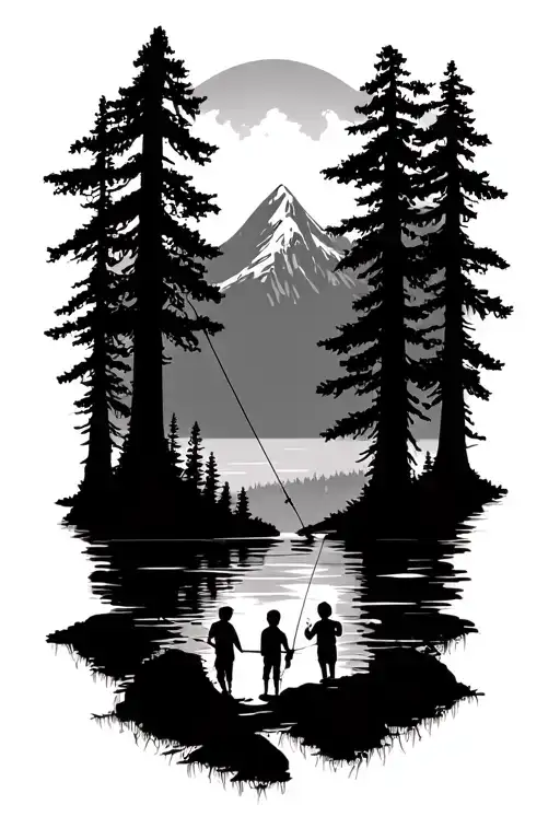 Forest With Mount Owen In Background With Fishing And Three Kids